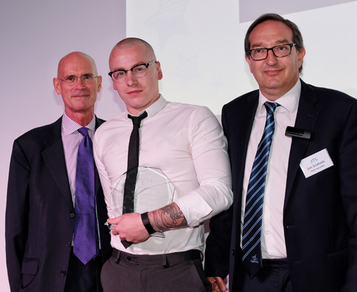 Dale Turner JTL Heating & Plumbing Apprentice of the Year 2018 with JTL chairman Geoffrey Russell (left) and Jon Graham