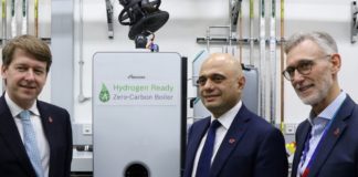 Worcester MP Robin Walker, Sajid Javid and Worcester Bosch CEO Carl Arntzen